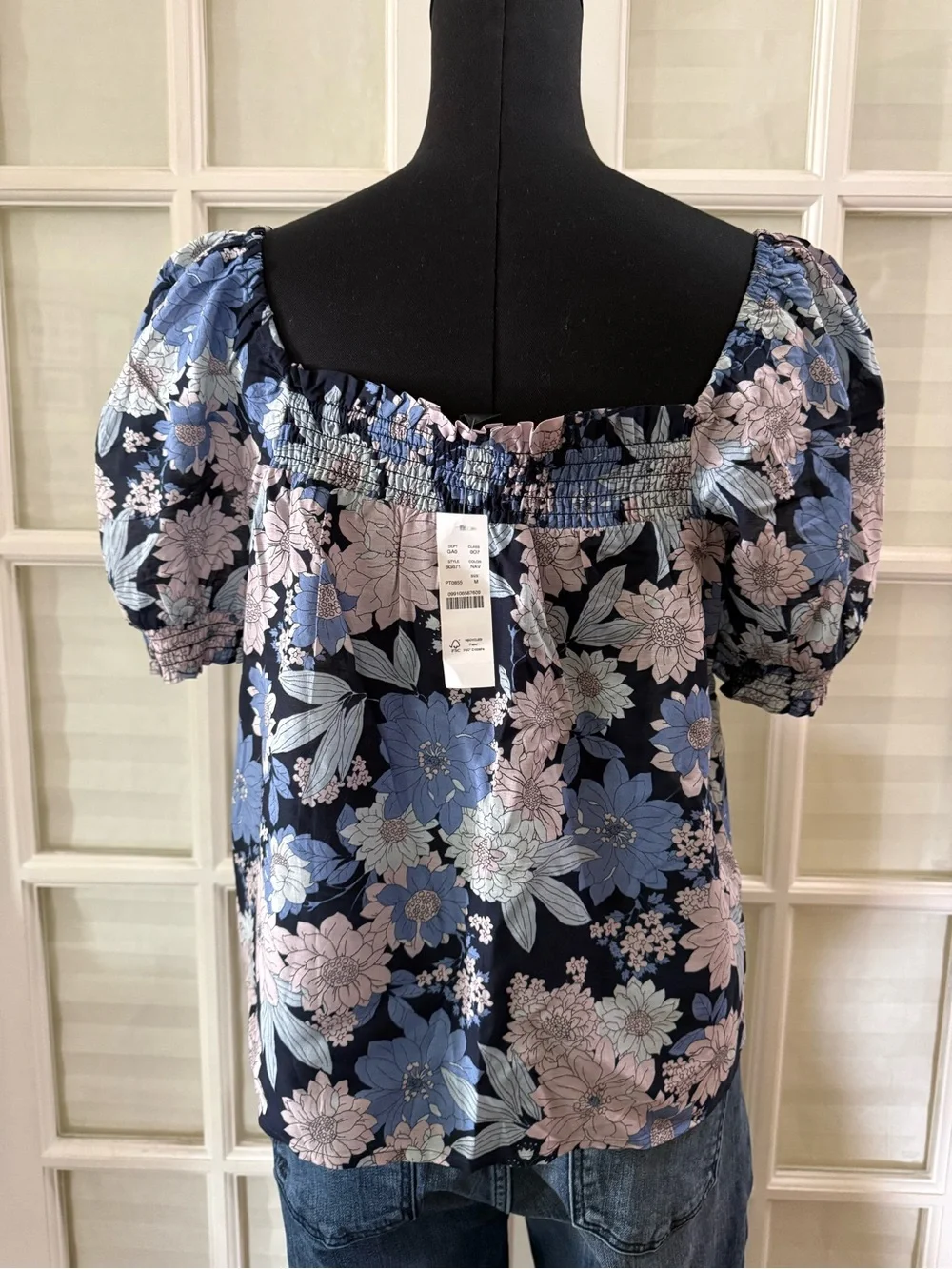 J. Crew Navy Floral Smocked Square-Neck Puff-Sleeve Top
